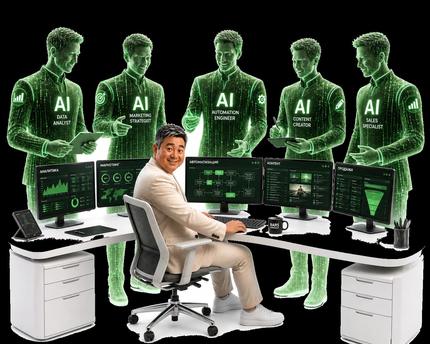 AI-офис: команда AI-агентов — аналитик, маркетолог, инженер автоматизации, контент-редактор и продавец — работает вместе с руководителем